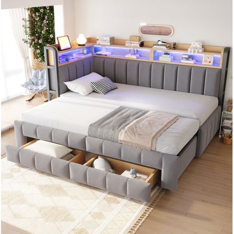Lit coffre banquette 90x200 cm extensible 180x200 cm avec LED, USB et rangement, velours - gris clair (1/5)