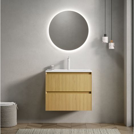 Mueble de baño suspendido 61 cm con lavabo integrado de cerámica blanca, 2 cajones con cierre suave, acabado roble dorado (1/5)