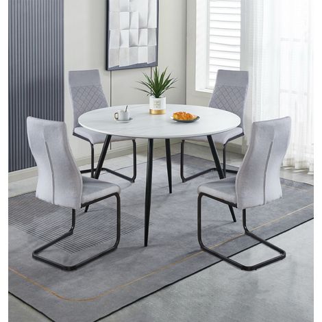 Hallowood Furniture Cullompton Large Dining Table and Chair Set 4, Faux Marble White Round Table and Chairs in High Back Cantilever Light Grey Upholstery, Dining Room Sets for Cafe and Home (1/5)