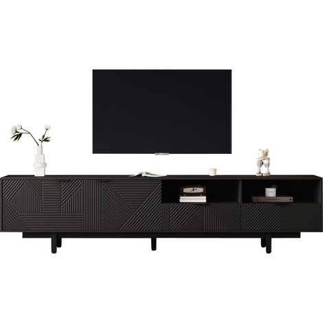 Meuble TV noir géométrique 200 cm pour écran jusqu'à 90 pouces, avec rangements ouverts, portes et passe-câbles, style bohème minimaliste moderne - CHICFURN (1/5)