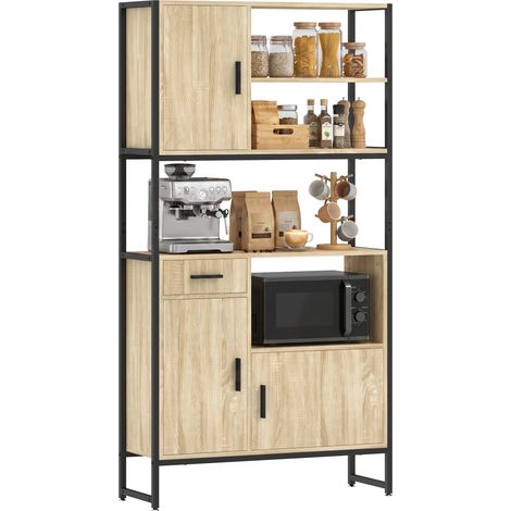 Buffet Haut Cuisine, Armoire de Cuisine, 3 Portes à Fermeture Douce, Tiroir, Plan de Travail, Niches Ouvertes, Naturel (1/5)