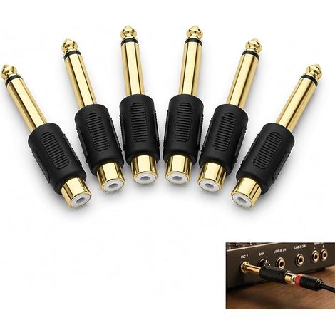 6Pcs 6.3mm Jack to RCA Adapter, 6.3mm Male Jack to RCA Female Adapter, Gold Plated Audio Connector, Cinch to 1/4 Inch Jack Converter for Amplifier Mixer AV Receiver (1/5)