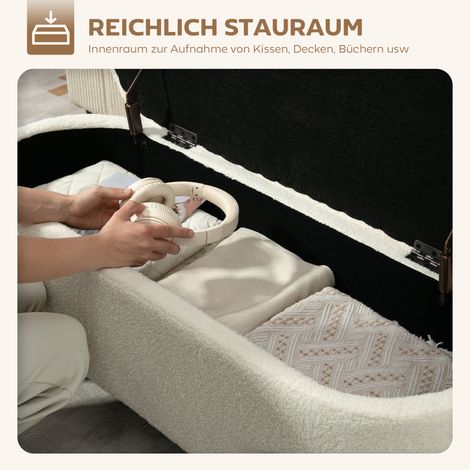 Pouf de rangement avec couvercle et espace de stockage, tabouret rembourré en molleton crème, piètement acier, assise-coffre (1/5)