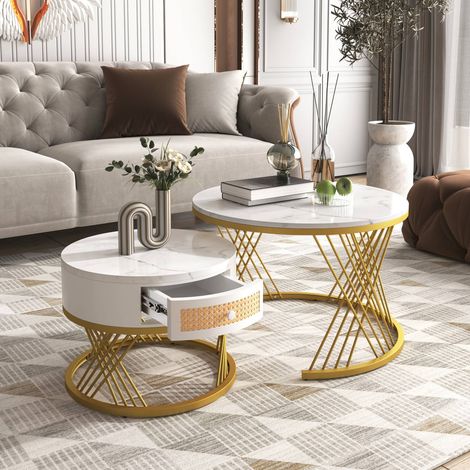 Table basse ronde 2 en 1, plateau mdf effet marbre avec tiroirs en rotin plastique et poignées bois, pieds en métal doré. (1/5)
