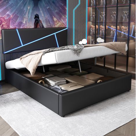 lit adulte rangement LED 140x200 PU noir app musique HAVRYA (1/5)