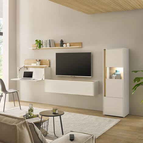 Wohnwand weiß mit Eiche CRISP-61 modern 4-teilig mit Homeoffice-Lösung