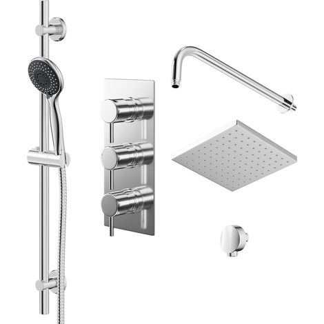 Circo Polished Chrome Triple Thermostatic Valve Mixer Shower with Square Fixed Head and Clyde Shower Slide Rail Kit - 2 Outlet (1/5)