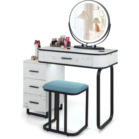 CASART Dressing Table Vanity Set Makeup Stool w/ Charging Station & 3Color Lighted Swivel Mirror & 3Drawer Chest (1/5)