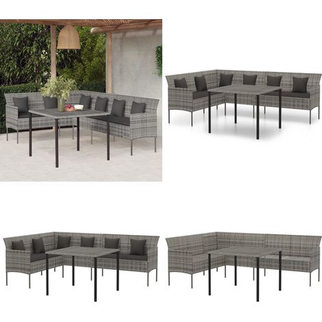 Set da Pranzo da Giardino 2 pz con Cuscini in Polyrattan Grigio - Divano da giardino - Tavolo da giardino