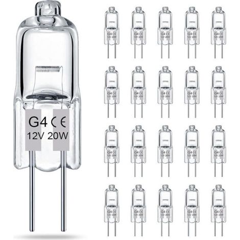 Lot de 20 ampoules halogènes transparentes G4, 12V 20W, culot à deux broches, pour lustres et éclairage d'armoire (1/5)