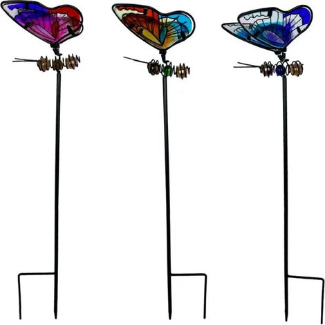 Un juego de 3 adornos de jardín con forma de mariposa, de 50 cm de alto, fabricados en cristal y metal, en colores vivos, que se pueden utilizar para decorar céspedes, caminos, macetas y parterres. (1/4)