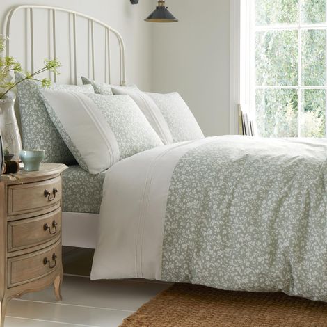 Housse de Couette à Nervures pour lit Simple 140 x 200 cm 1 taie d'oreiller Polycoton Housse de Couette Florale en Vert Sauge Blanc (1/3)
