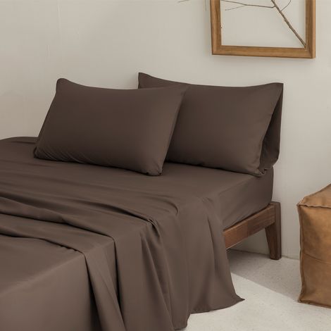 1 Ensemble de draps, Coton égyptien, Tissu satin, Poche profonde 53cm, Taille complète, Couleur chocolat (1/5)