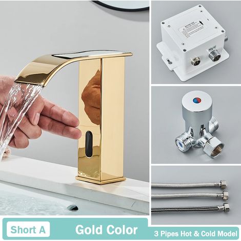 (Gold A Short) Robinet de lavabo de salle de bain noir à capteur intelligent, sans contact, mitigeur automatique à cascade, eau chaude et froide, robinet de lavabo Crane (1/5)