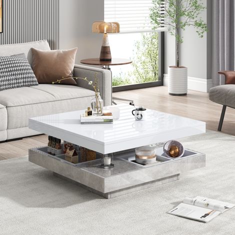 Mesa de centro doble capa giratoria 360 diseño alto brillo tablero de partículas 70x70x36cm color blanco (1/5)