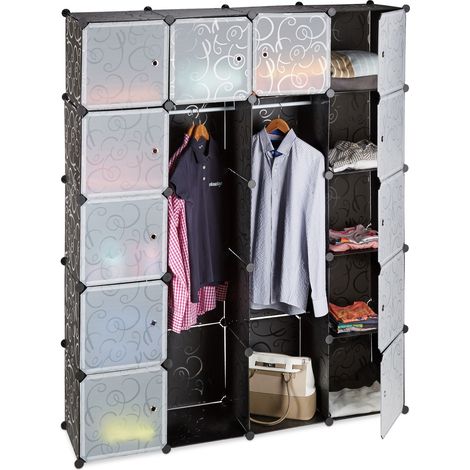 Relaxdays Scaffale Componibile, 14 Scomparti, 2 Aste Appendiabiti, Scarpiera Modulare, HLP 180 x 145 x 36,5 cm, Nero