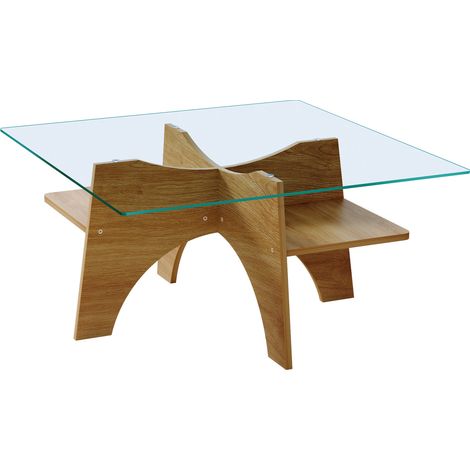 Mesa auxiliar cuadrada moderna de vidrio templado 80 cm, patas MDF con chapa efecto madera clara (1/5)