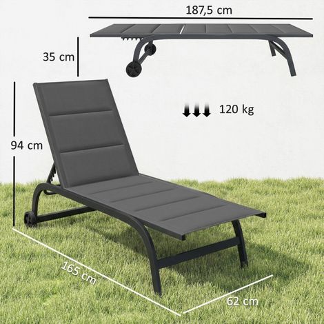 Chaise longue extérieur respirante, dossier inclinable 6 crans, roulettes pivotantes, cadre alu, gris anthracite, transat jardin confortable (1/5)