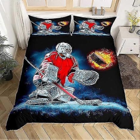 3-teiliges Hockey-Bettwäscheset, geeignet für Kinder, Jungen und Teenager, mit Eishockey-Motiv. Der Bettbezug enthält ein Motiv mit einem brennenden Hockeyball. (1/5)