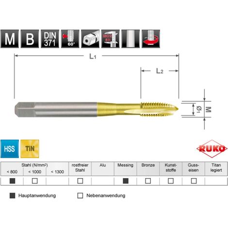 RUKO Maschinengewindebohrer M DIN 371 HSS-TiN, Form B, M 4 (1/2)