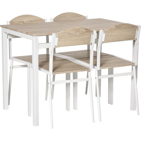 Set de salle à manger 5 pièces – Table + 4 chaises, plateau MDF effet bois, piètement métallique gris/blanc – Idéal pour petite cuisine et coin repas (1/5)
