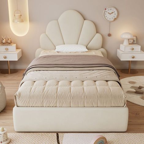 Lit rembourré - Tête de lit incurvée pétales - 90 x 200 cm - Velours beige - Sommier à lattes inclus (1/5)