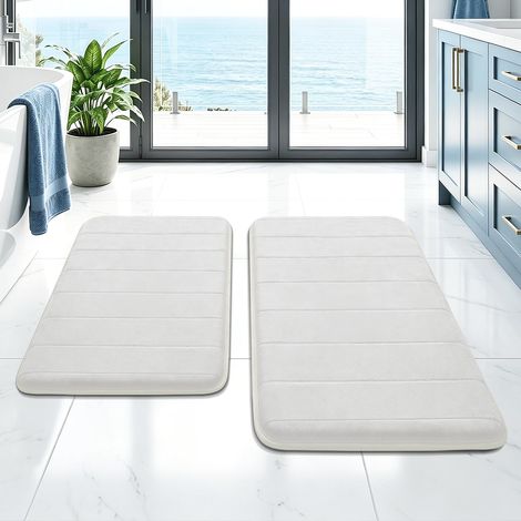 Lot de 2 tapis de bain en mousse à mémoire de forme, antidérapants et absorbants, lavables, doux et à séchage rapide, tapis de salle de bain pour douche, WC et baignoire, blanc (1/5)