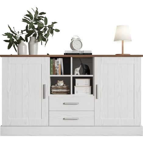 Aparador moderno de 140 x 40 x 79,5 cm con veta de madera blanca y marrón, 2 puertas, 2 cajones, 4 huecos y cierre suave, ideal para salón o comedor CHICFURN (1/5)