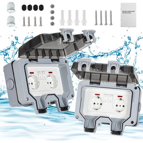 TolleTour 2X Außensteckdose Gartensteckdose Outdoor Steckdose IP66 16A Wasserdicht Staubdicht Wandsteckdose 2 Loch mit Schalter