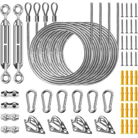Kit de fixation pour voile d'ombrage de terrasse (52 pièces) – Accessoires de fixation et attaches en acier inoxydable 304 pour installation d'ombrage, avec tendeurs réglables + câble en acier de 2 m (1/5)