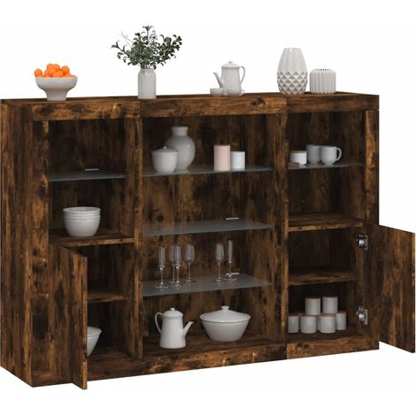 Sideboards mit LED-Leuchten 3 Stk. Räuchereiche Holzwerkstoff