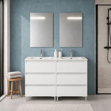 Mobile bagno a terra 120 cm bianco lucido tre cassetti e doppia vasca Leda (1/5)