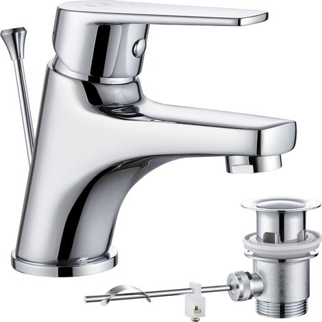 CECIPA Waschtischarmatur mit Zugstange Ablaufgarnitur Chrom Einhebel-Wasserhahn klein für Bad, Gäste-WC & Badezimmer Messing (1/5)