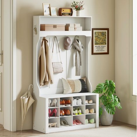 Perchero de pie con banco y zapatero (100x35x172.2 cm), 6 ganchos, 12 compartimentos, madera blanca (1/5)