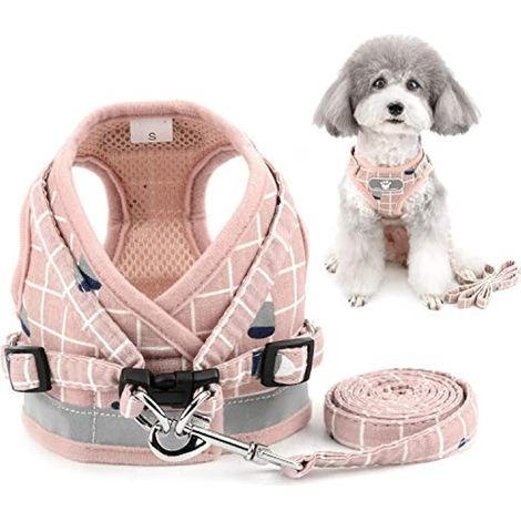 Harnais et laisse anti-traction pour petits chiens, gilet réfléchissant ajustable, harnais pour Chihuahua, veste en maille pour chiots mâles et femelles, chiens et chats, rose, taille L (1/5)