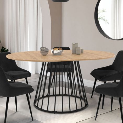 Mesa de comedor redonda extensible YUNA para 4-8 personas con tablero de madera y pata de alambre de metal negro 110 - 150 cm (1/5)