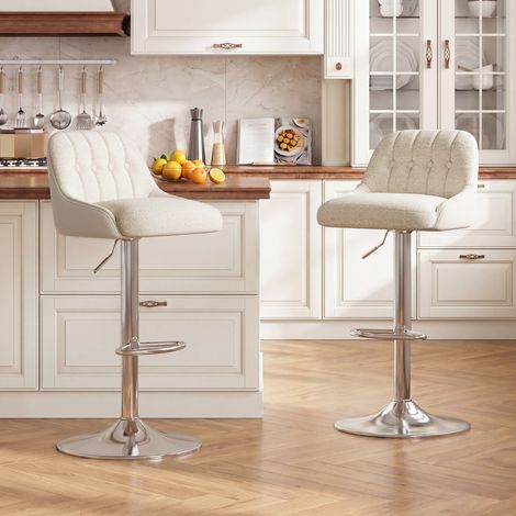 COLAMY Lot de 2 Tabourets de Bar Pivotants, Chaises de Bar Modernes Réglables en Tissu Rembourré, avec Dossier Capitonné, Hauteur Ajustable pour Bar, Îlot de Cuisine, Salle à Manger, beige (1/5)