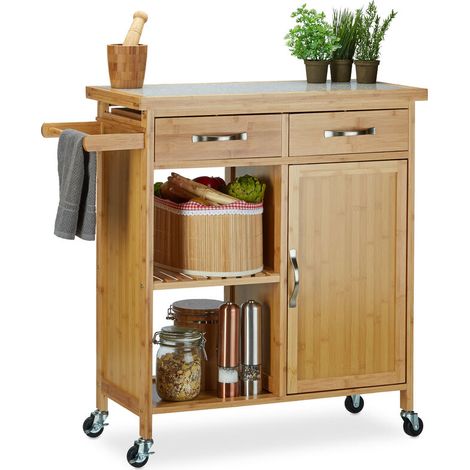 Desserte de cuisine en bambou avec plan de travail en marbre – 4 roulettes dont 2 blocables – 2 tiroirs pratiques – Dimensions H85,5 x L89,5 x P36 cm
