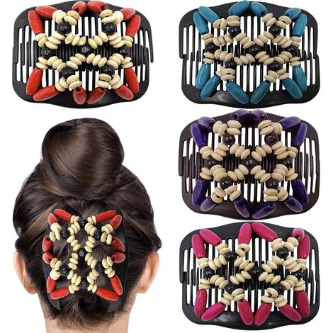 Lot de 4 peignes magiques extensibles pour femmes peignes à cheveux élastiques avec perles en bois pour faire des chignons peignes (1/4)