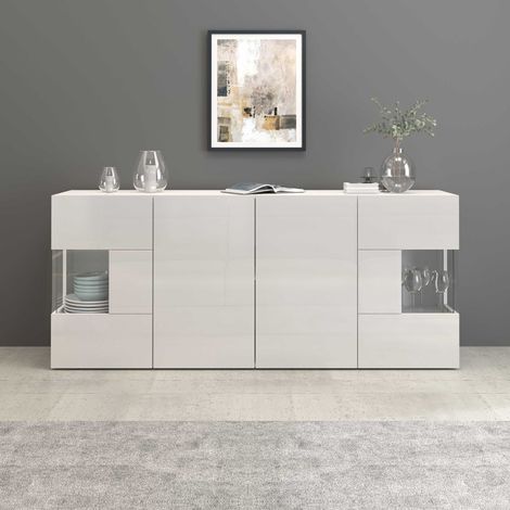 WHOUS Credenza Egypt a 4 ante con inserti in vetro espositivi bianco lucido 180x40x80 cm