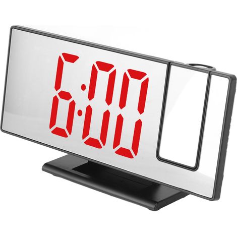 Horloge numérique LED rétroprojecteur avec miroir, réveil haute définition avec snooze, calendrier de bureau (sans piles, coque noire, affichage rouge) (1/5)
