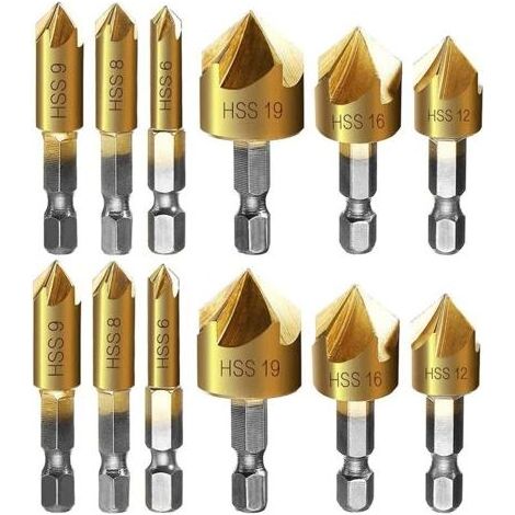 Fraise à chanfreiner metal 12 Pcs queue hexagonale poinçon de centrage automatique forets à chanfreiner, 6mm 8mm 9mm 12mm 16mm 19mm (1/5)