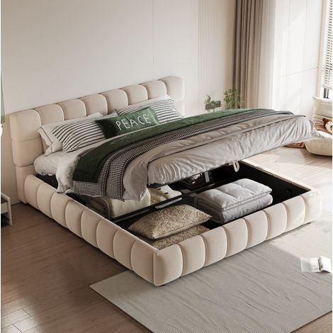 Lit double capitonné moderne 140x190 cm, velours beige, tête de lit moelleuse, coffre hydraulique, sommier à lattes (1/5)