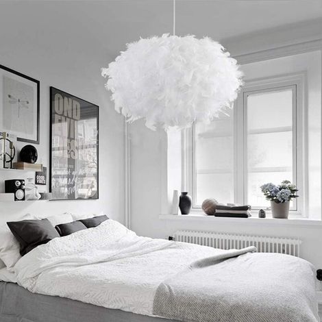 Lustre ovale en plumes blanches pour chambre – Ø 40cm, hauteur 25cm – Compatible ampoules LED E27 – Design moderne élégant (1/4)