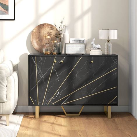 Meuble de rangement buffet salon avec 2 placards 3 portes et étagère réglable pieds en métal aspect marbre noir (1/5)
