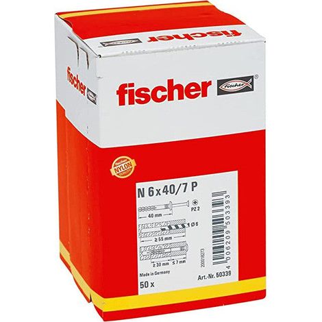 Cheville à frapper FISCHER N-F avec collerette épaisse et clou tête fraisée/Taille:5x50/25 - Boîte de 100