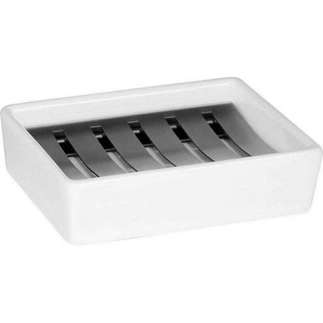 Porte-savon en céramique Plaque en acier inoxydable 304 Design double couche Peut garder le savon sec et propre Utilisé dans la salle de bain, cuisine, douche, lavabo, (Blanc) (1/4)
