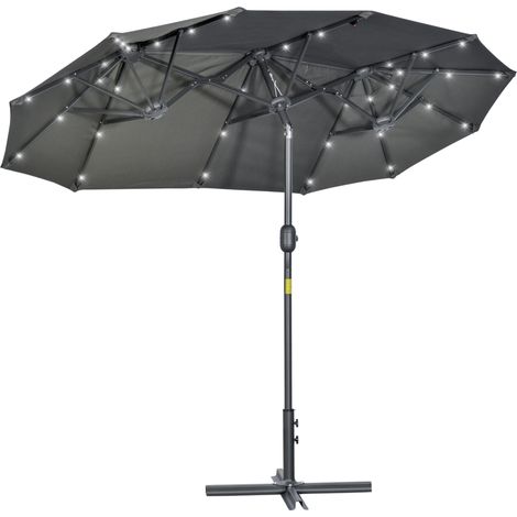 Outsunny Ombrellone doppio Con Luci Solari e Base a croce 295x150x219cm Grigio
