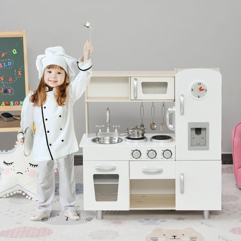 Blanc 74x30x81 cm - Cuisine jouet en bois avec évier, poêle à induction et micro-ondes simulés avec accessoires inclus, cuisine pour enfants
