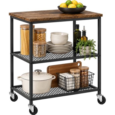 Relaxdays Kitchen Trolley, 3 Tiers, Levelling Feet, Kitchen, Home, Office, Metal, Serving Trolley, Black/Brown (1/5)